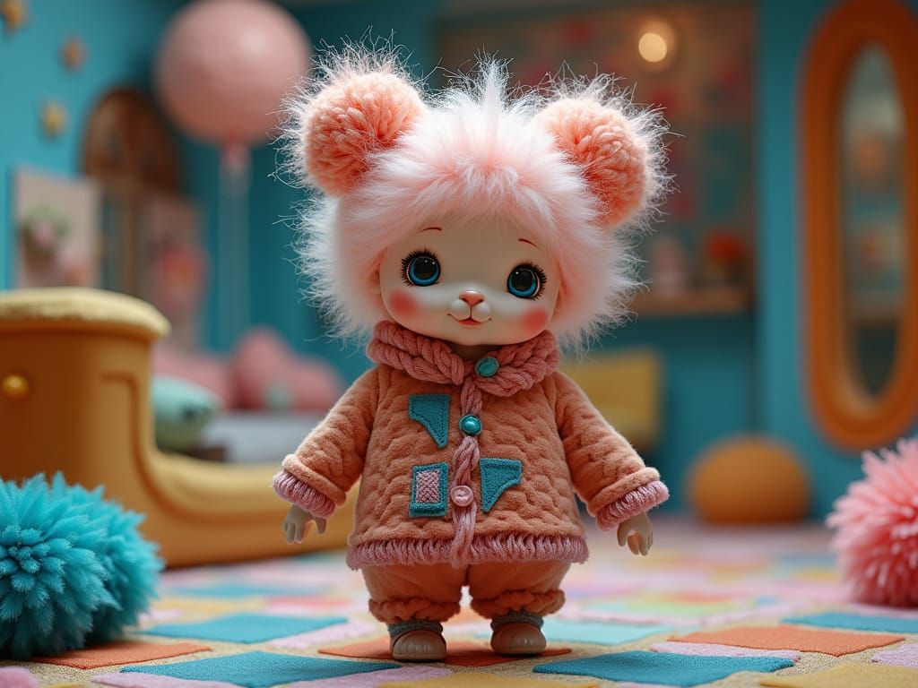 Frivolous Little Fluffy Person Wearing Sci-Fi Macrame Sci-Fi Pompom Space-Buns & Sci-Fi Quilted Patchwork Couture