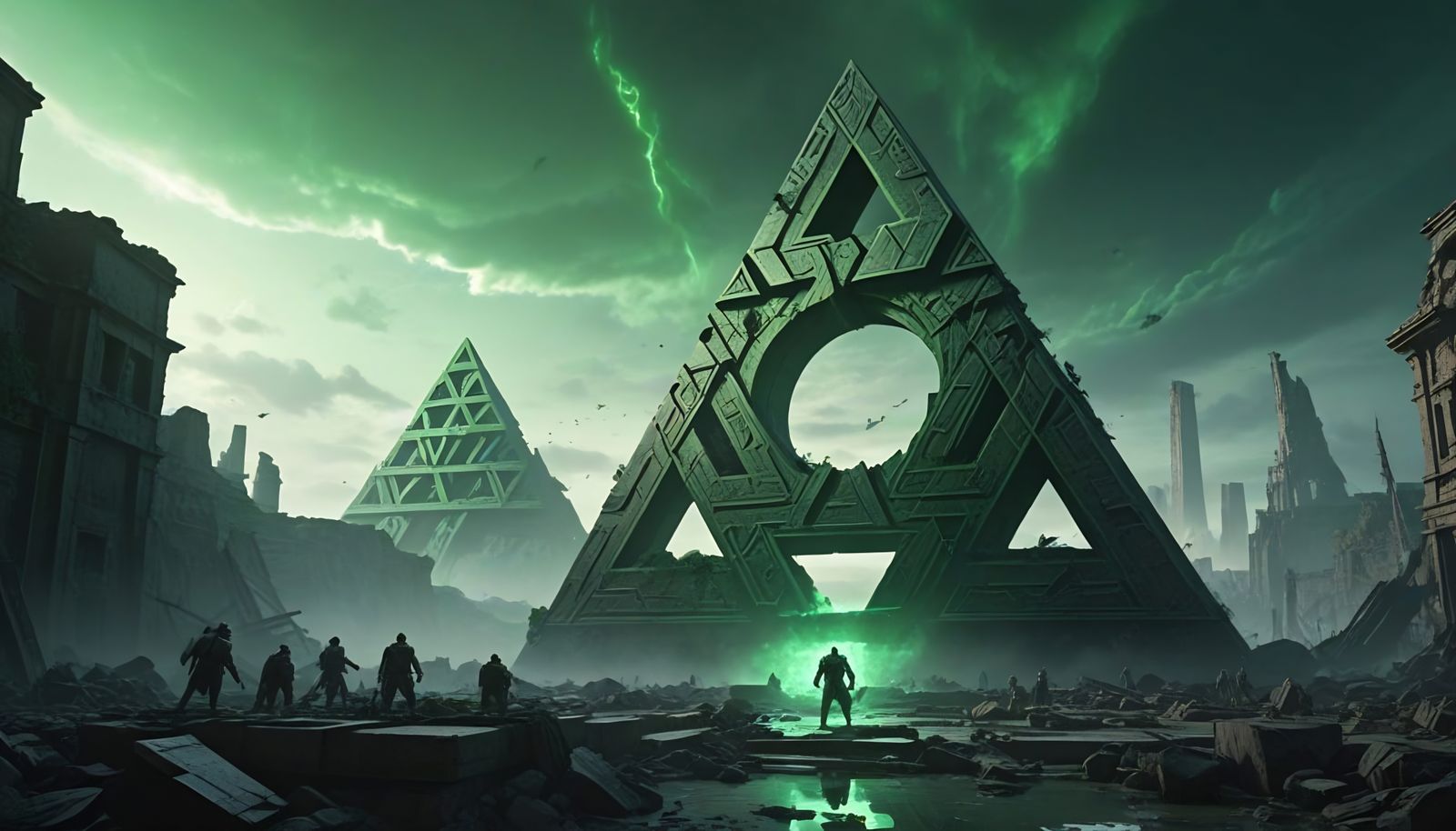 Epic Biomechanical Valknut Illuminates Ruined Cityscape