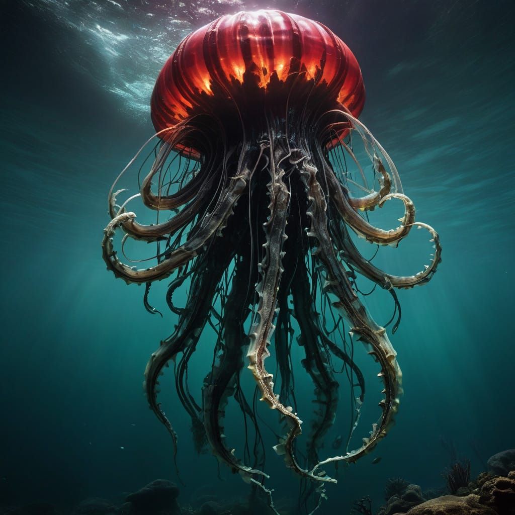 Glowing, Red Sea Monster Emerges from Darkness