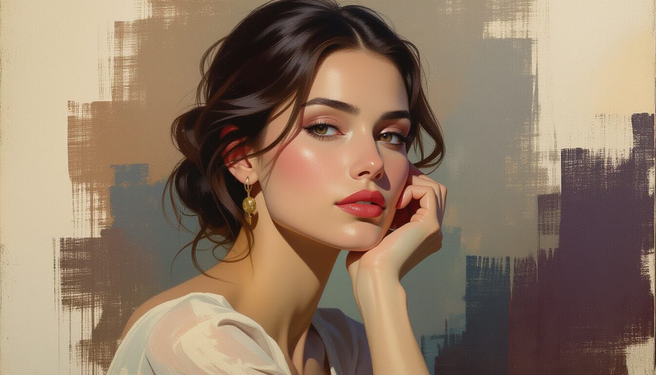 Contemplative Woman Portrait in Mixed Media Style