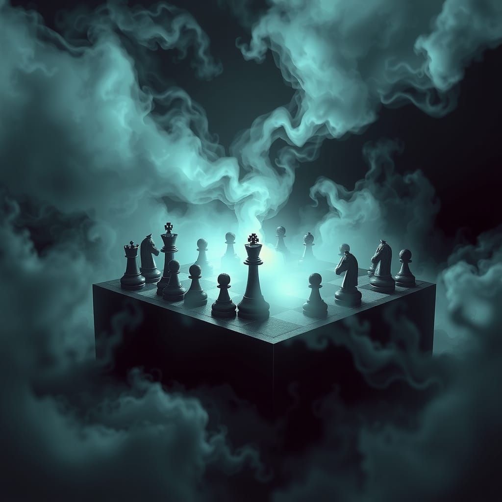 ominous game of chess with 3d cube chess board, violent,  foggy, perception