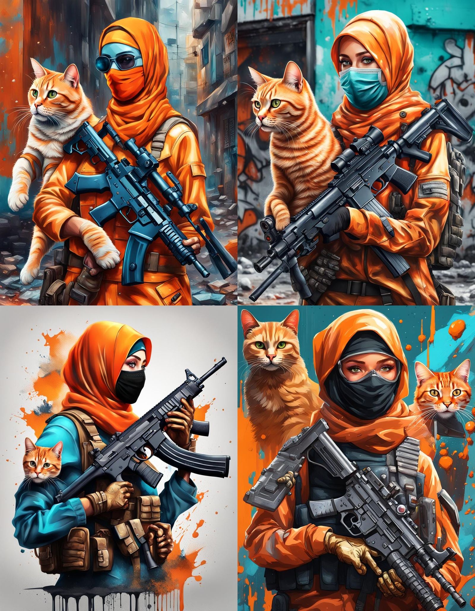 a beautiful woman with hijab and mask wearing war armour holding gun, orange cat stand next to her, 3D super realistic, ...