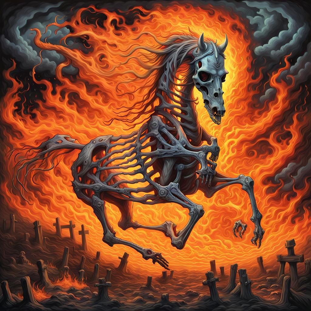 Flaming Skeletal Horse Galloping at Night: Gothic Horror