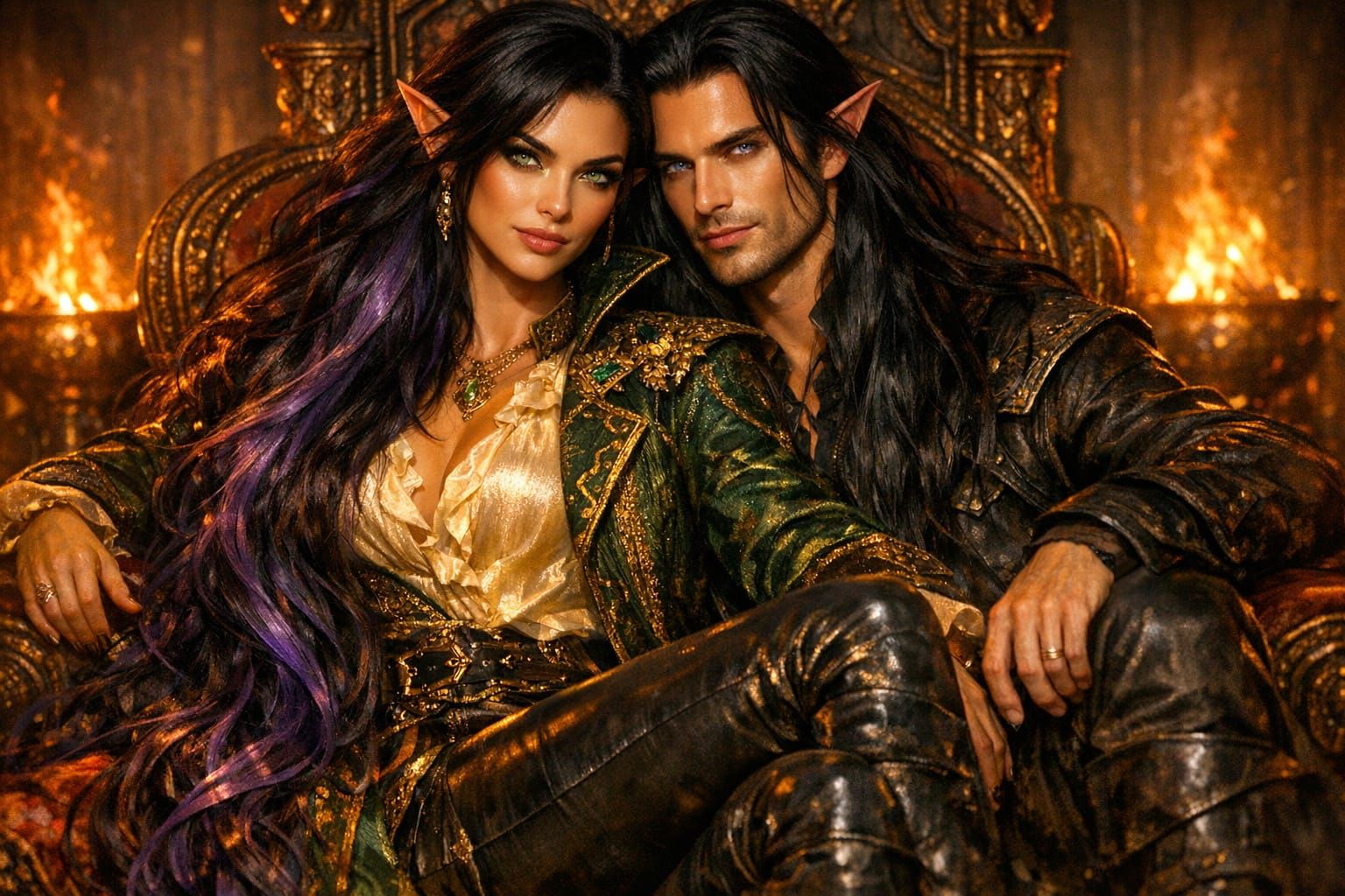 Regal Elf Couple Seated on Throne by Firelight