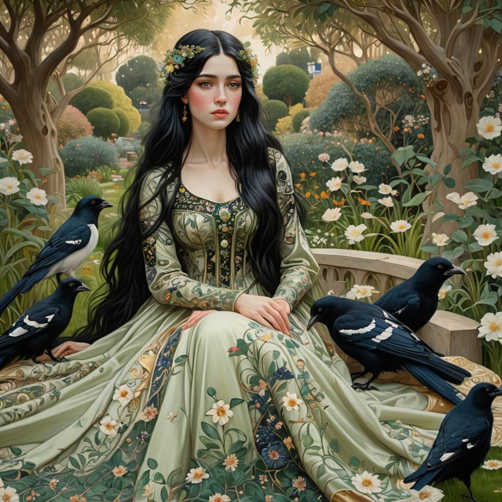 Girl in Art Nouveau Gown with Magpies, Klimt Style