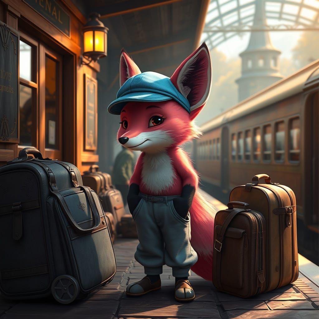 Whimsical Pink Fox Waits at Enchanted Train Station