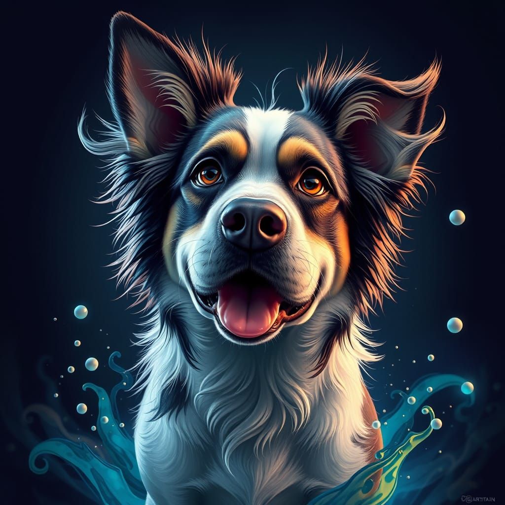 Fantastical Dog Caricature in Deep, Complementary Colors