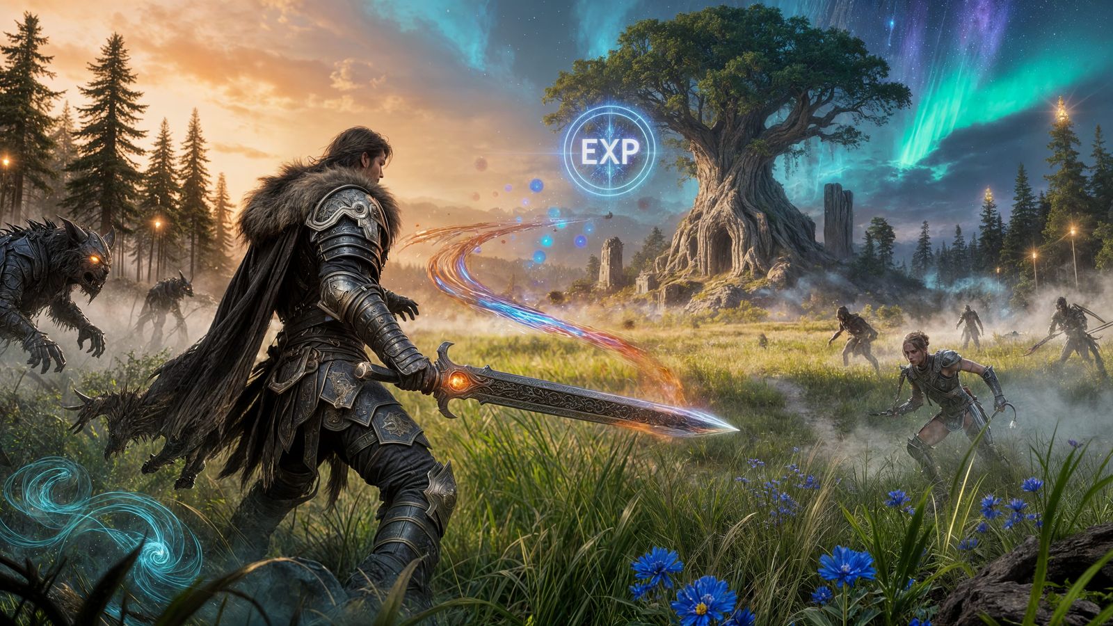 Warrior Battles Monsters in Mystical Meadow with Glowing Run...