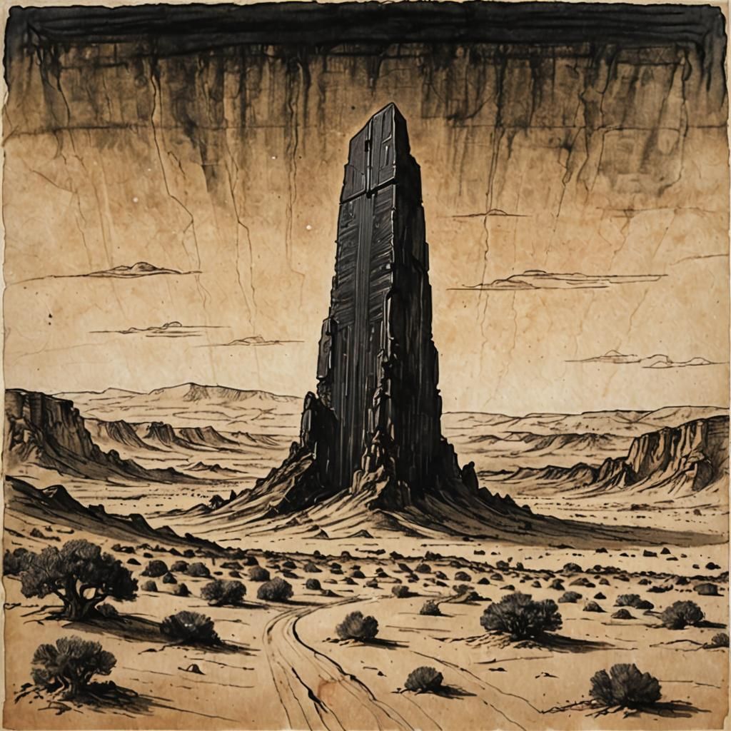 Desert Monolith in Renaissance Style Drawing