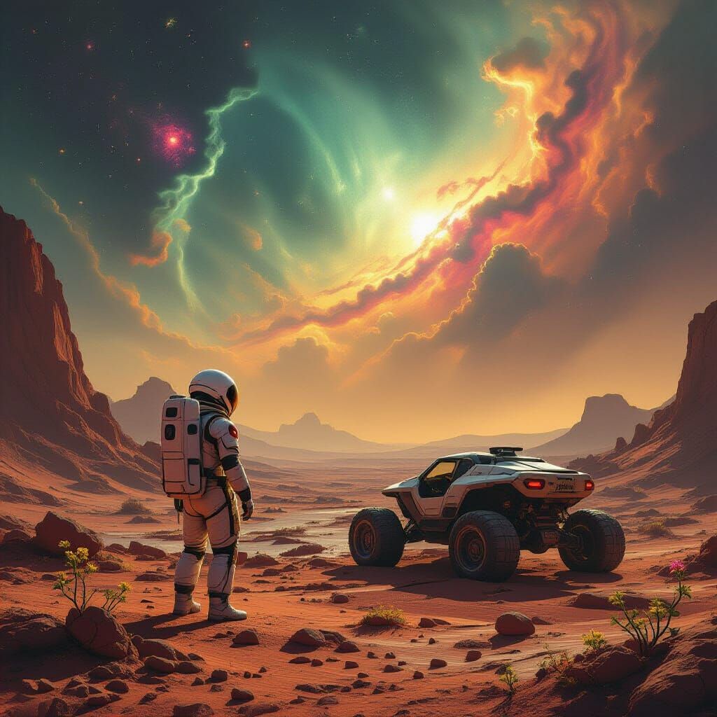 Astronaut Gazes at Cosmic Nebula on Cracked Planet