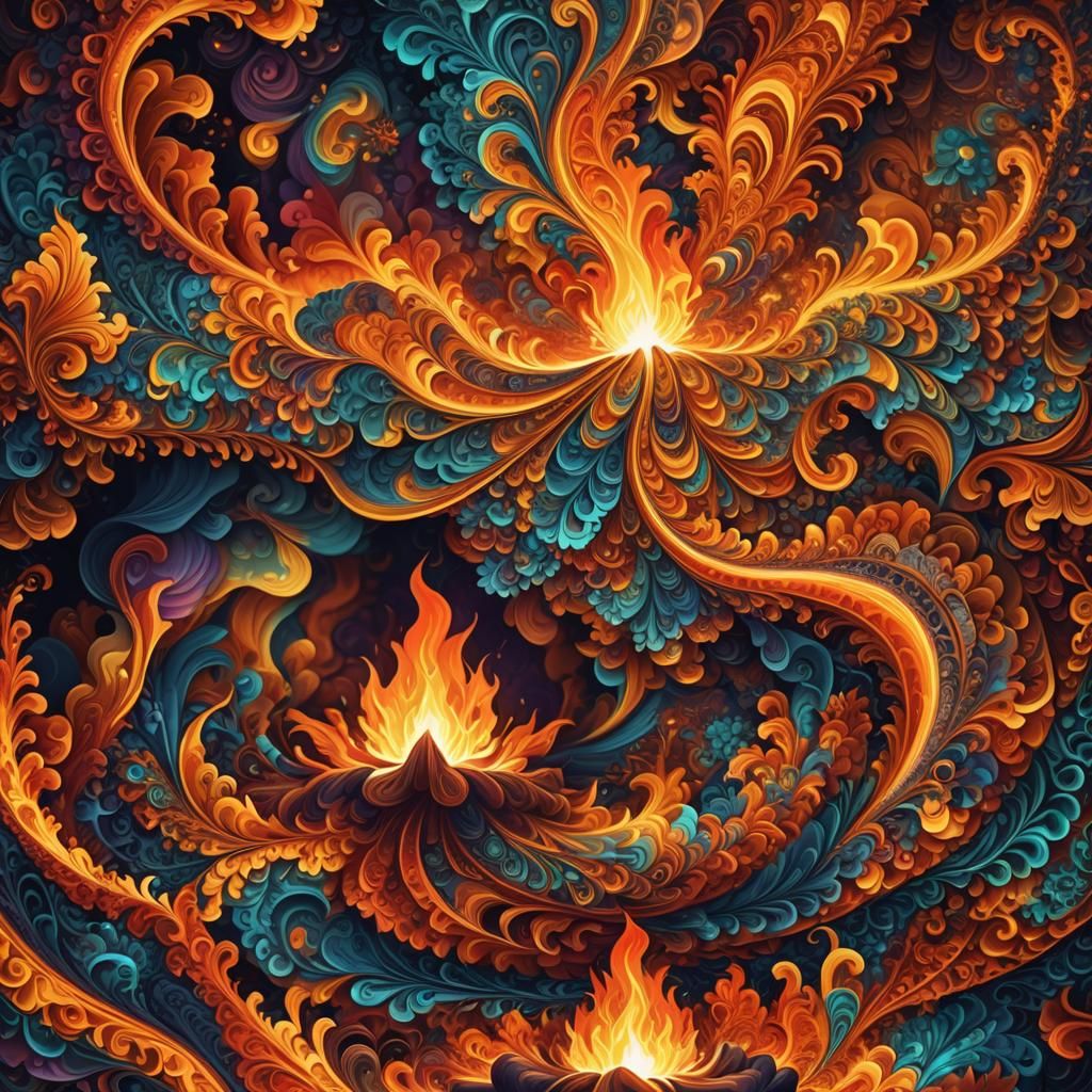 Family Gathering by Fireplace in Abstract Fractal Style