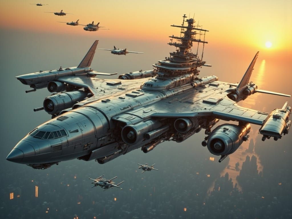 Steampunk Flying Air Battleship Soars Above Dusk Cityscape