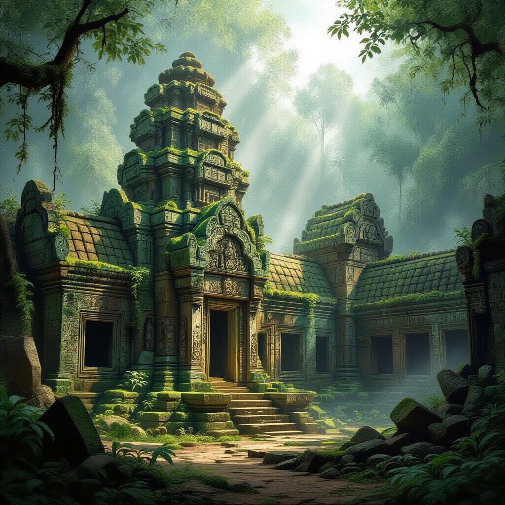 Ancient Jungle Temple Reclaimed by Nature in Painterly Style