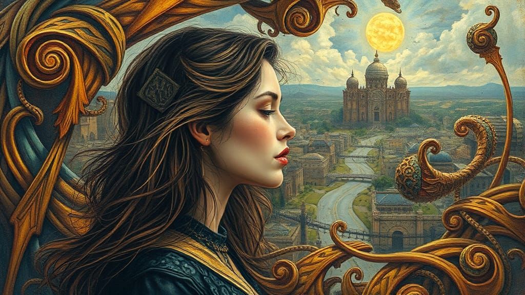 Celtic Woman in Alien City, Impasto Art Deco