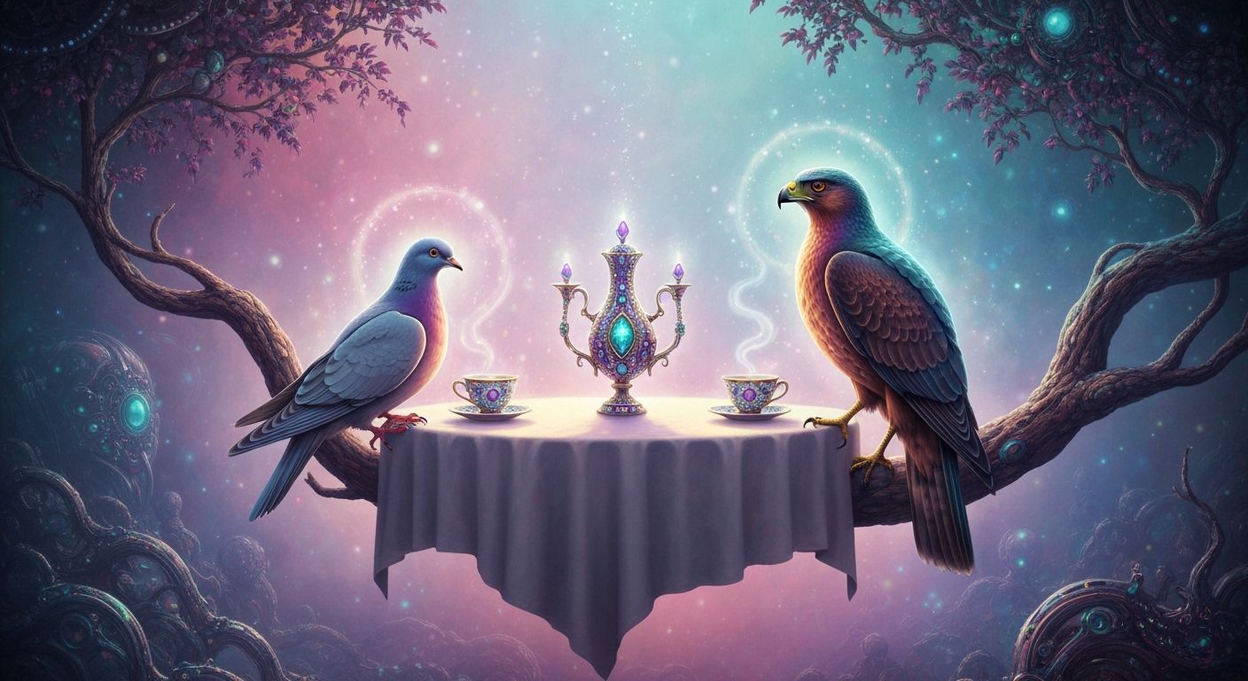 Dove and Hawk Enjoy Tea on Tree Limb, Mystical Digital Art