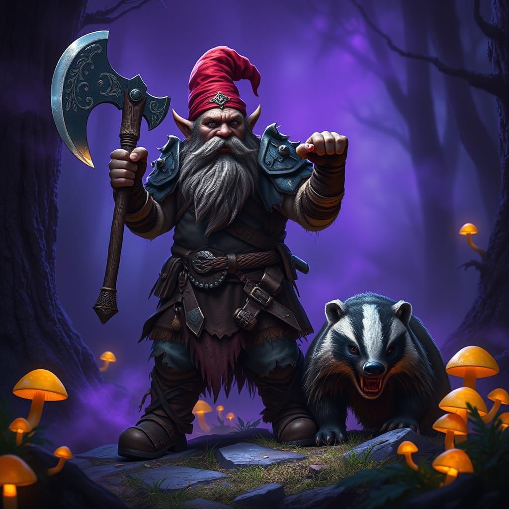 Dark Fantasy Gnome Barbarian with Badger Pet