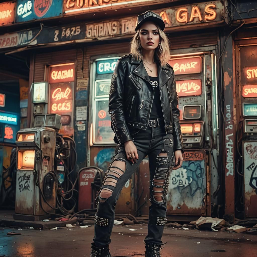 Woman in Leather at Gritty Gas Station, Cyberpunk Style