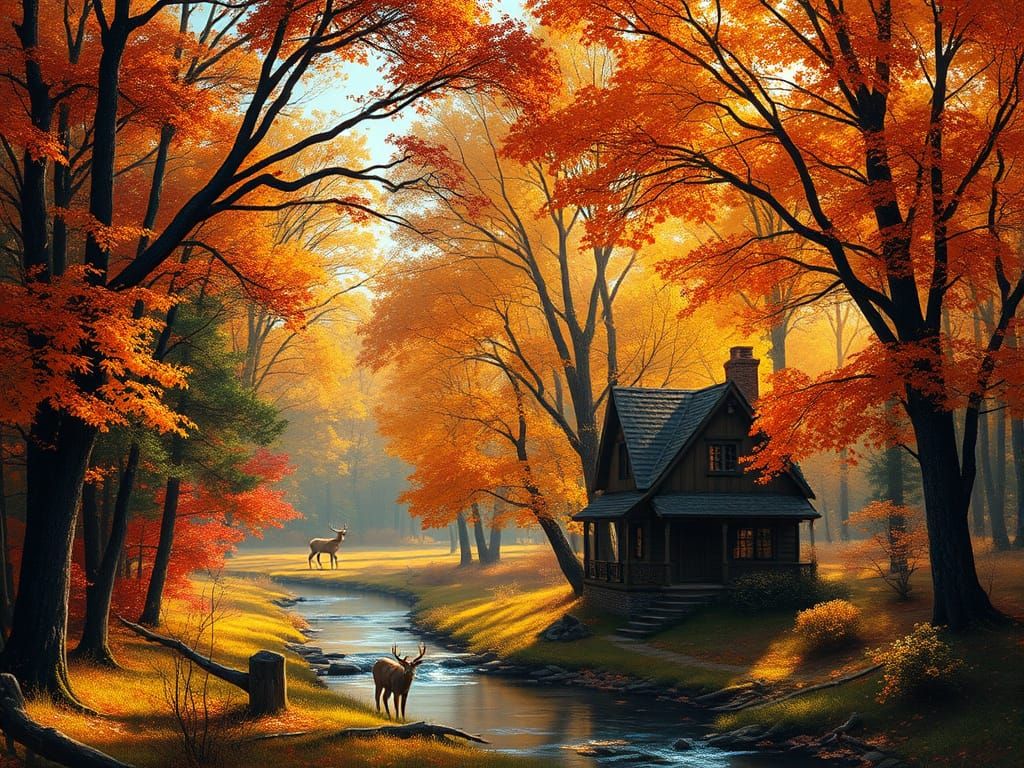 Autumn Forest Cottage with Deer in Dappled Sunlight