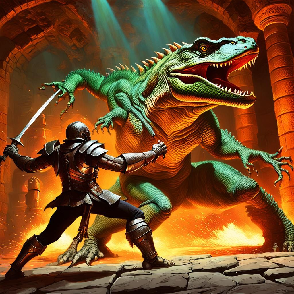 Warrior vs Lizard: Fantasy Art in Oil Painting Style