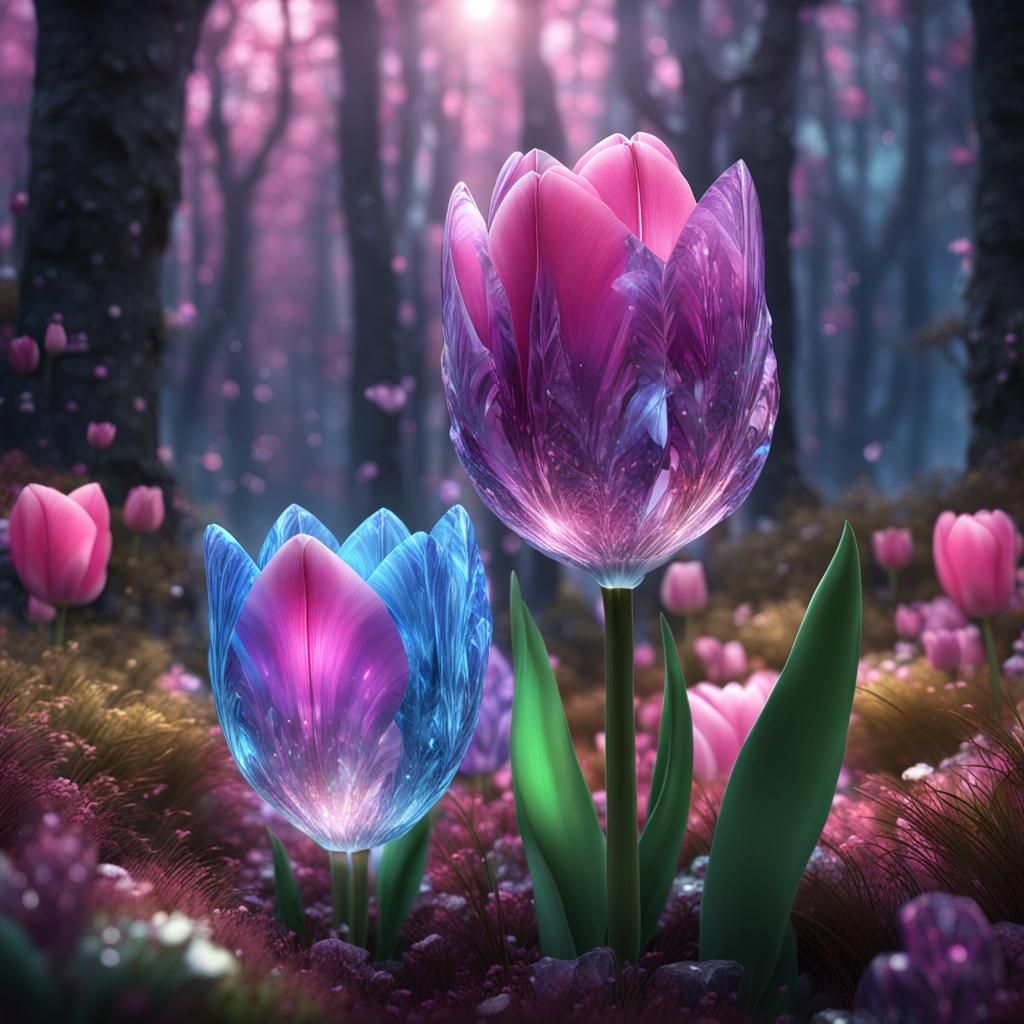 Crystal Tulip in Magical Forest: Detailed Matte Painting