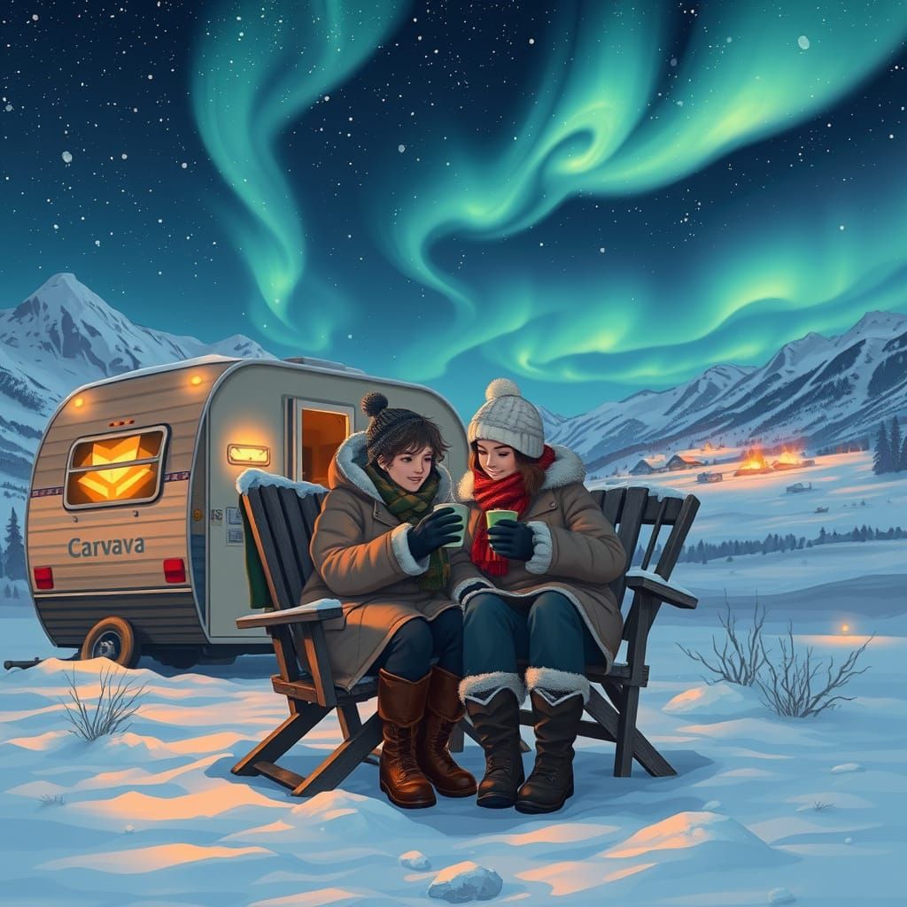 Couple Warmth Amidst Northern Lights and Snowy Mountains