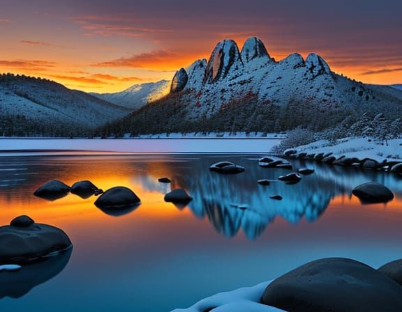 Winter Lake Sunset Landscape with Mediterranean Building
