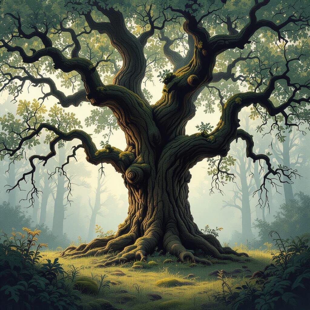 Majestic Oak Tree in Misty Forest Ink Drawing