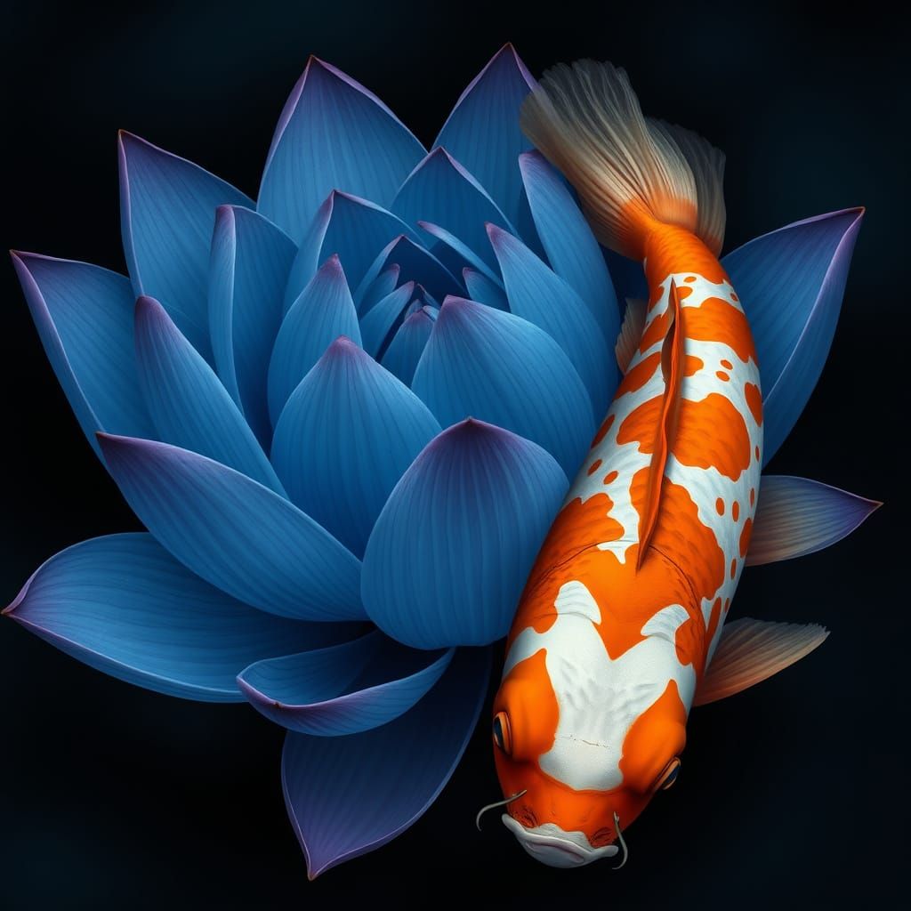 Surreal Lotus Blooms into Vibrant Carp in Dreamlike Harmony