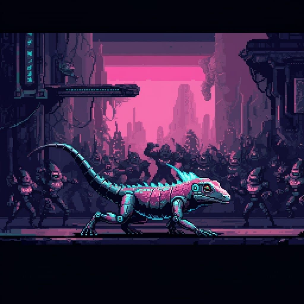 Cyborg Lizard vs Alien Army in Pixel Art Style