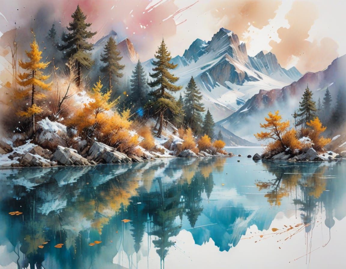 Alpine Lake at Dawn in Watercolor Style