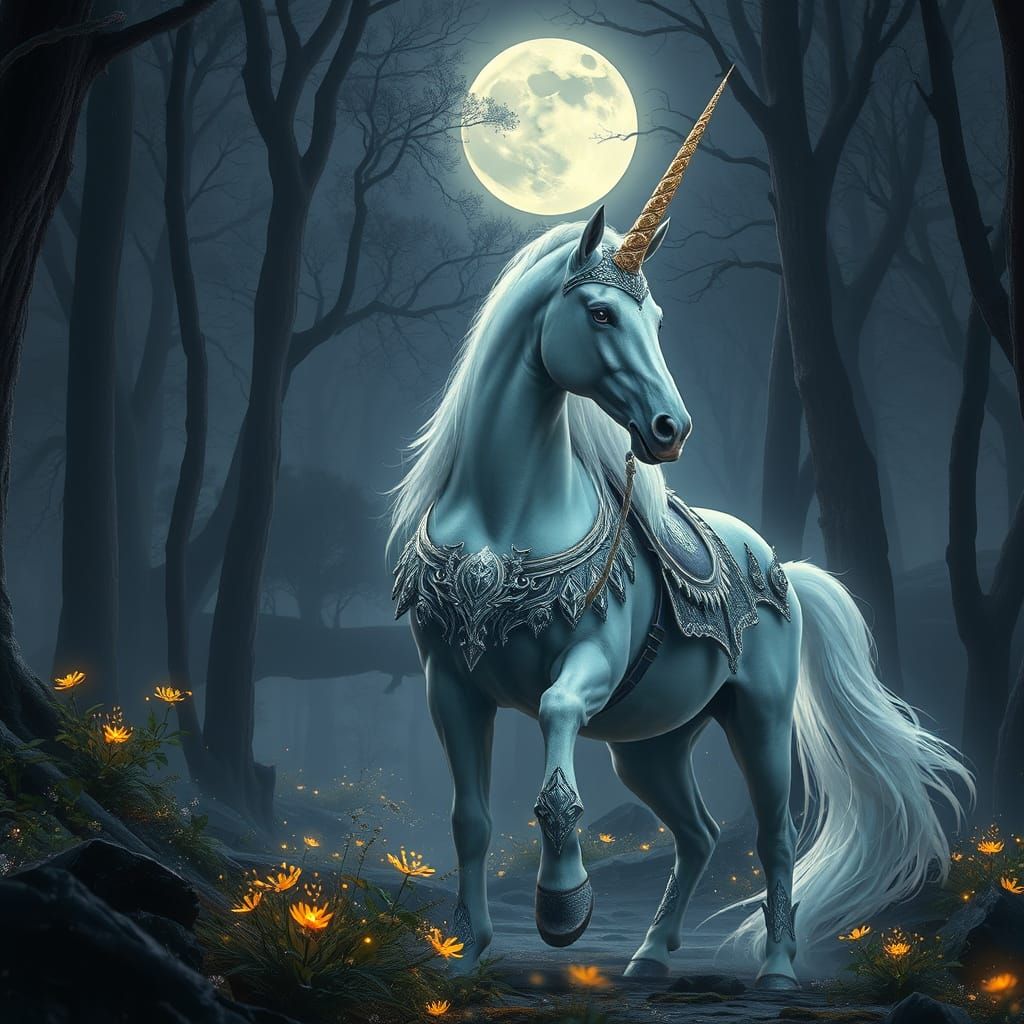 Majestic White Unicorn in Moonlit Forest Glade