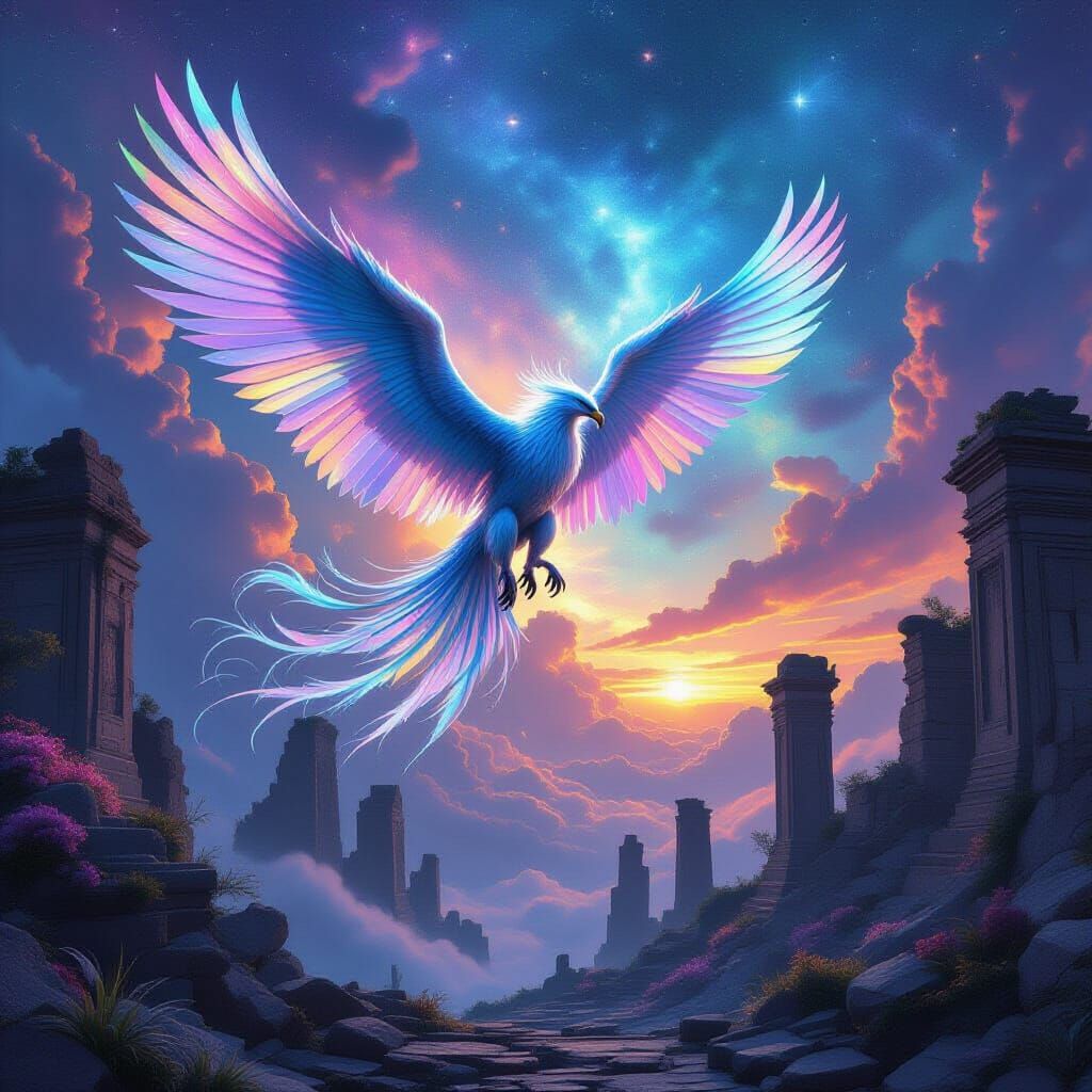 Biocosmic Griffin Soaring Through Nebula Sky