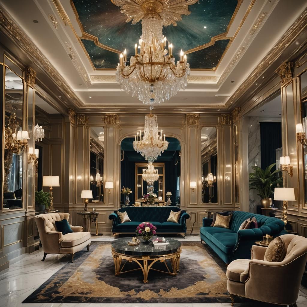 Elegant Art Deco Living Room with Crystal Chandelier