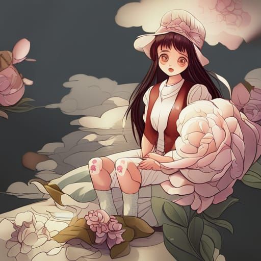 Vintage Anime Paperdoll with Pink Flowers