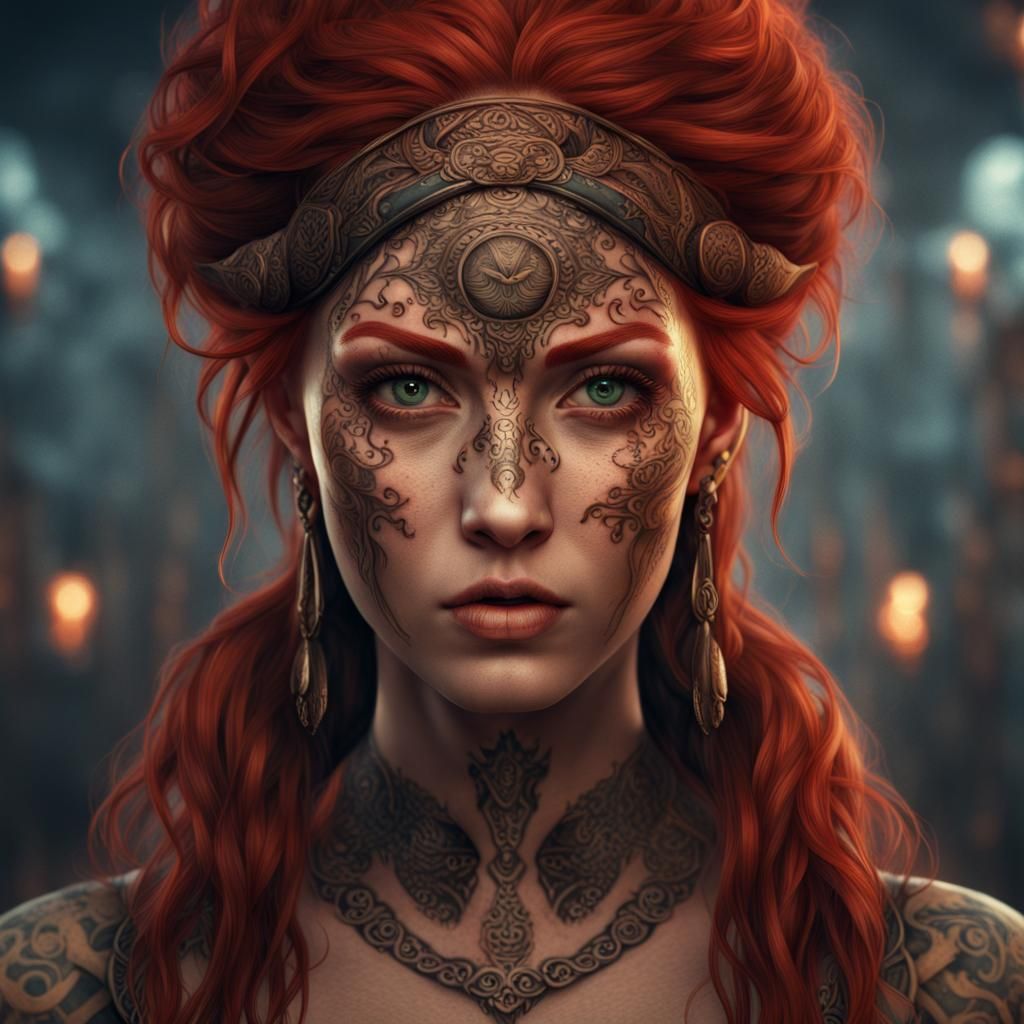Red-Haired Woman with Scars and Hieroglyph Tattoos