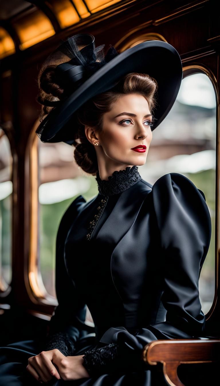 Elegant Woman in 1890s Dress on Train