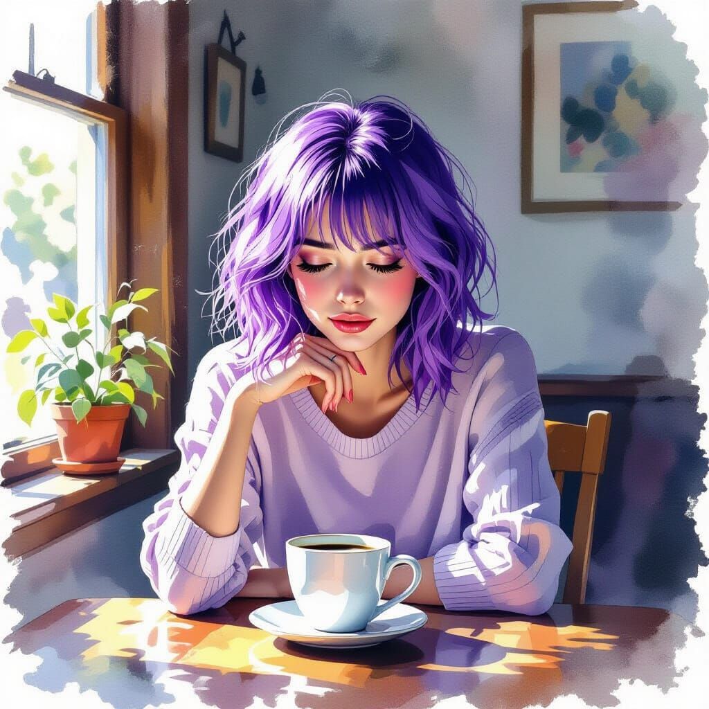 Surreal Watercolour of Sleepy Woman with Purple Hair