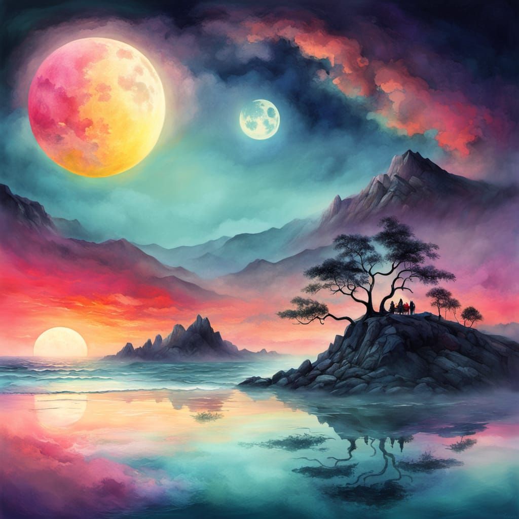 Surreal Yin Yang Sunset Beach in Fauvist Watercolor