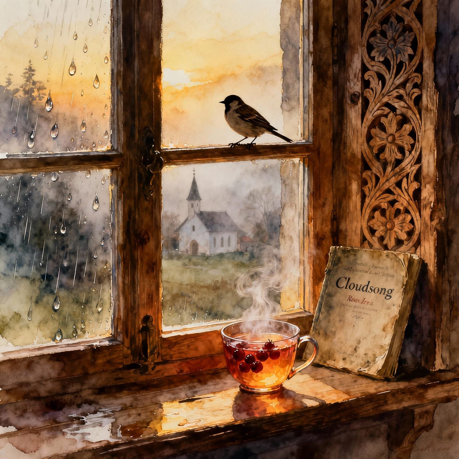 Bavarian Window Frame with Sparrow in Misty Watercolor