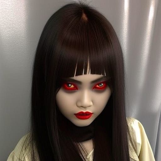 Ethereal Pontianak with Dark Hair and Red Eyes