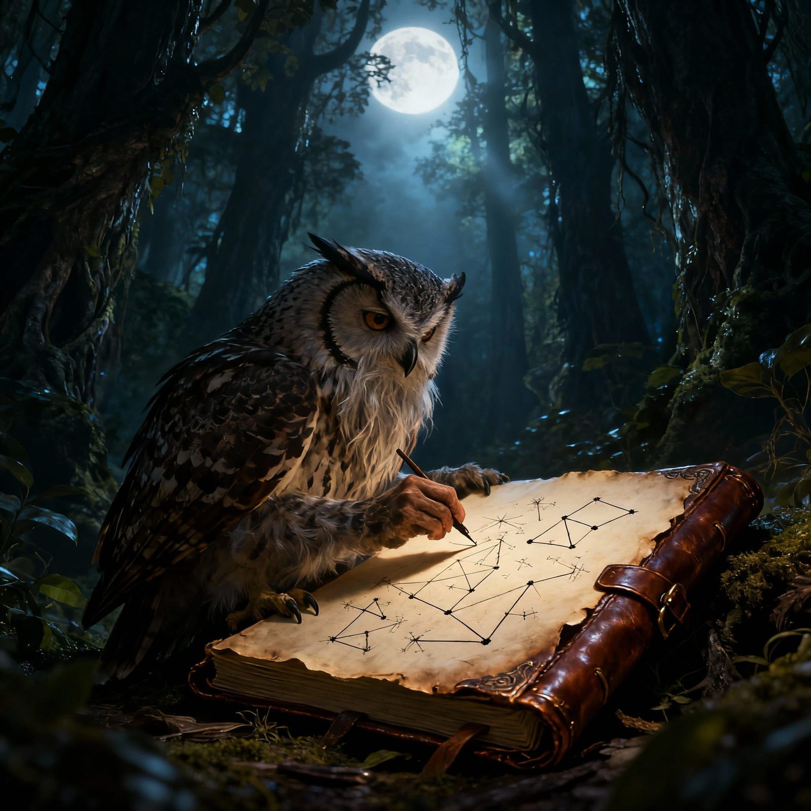 Owl Sketches Constellations in Ancient Forest