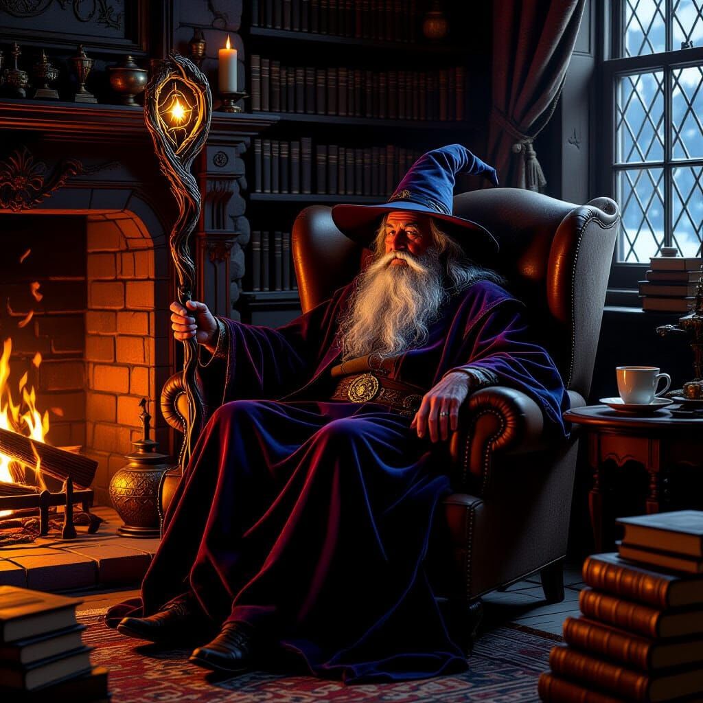 Cozy Wizard's Retreat: Elderly Mage Resting by Fireplace