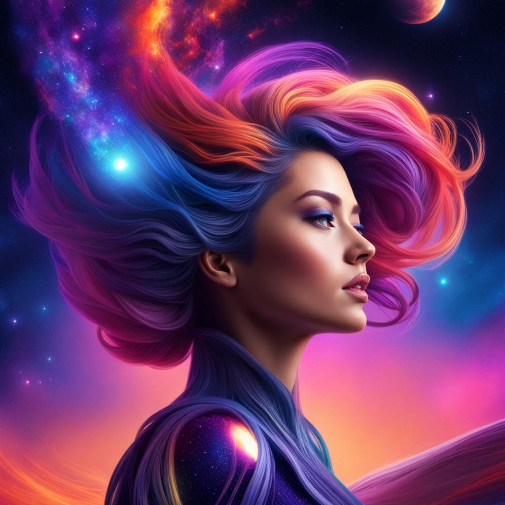 Galaxy Woman with Cosmic Hair, Futuristic 8K