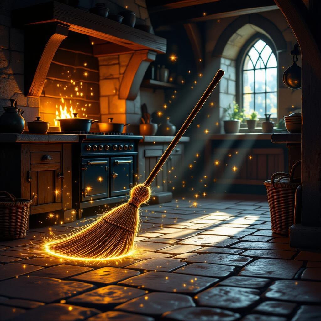 Enchanted Broom Sweeping Medieval Kitchen Floor