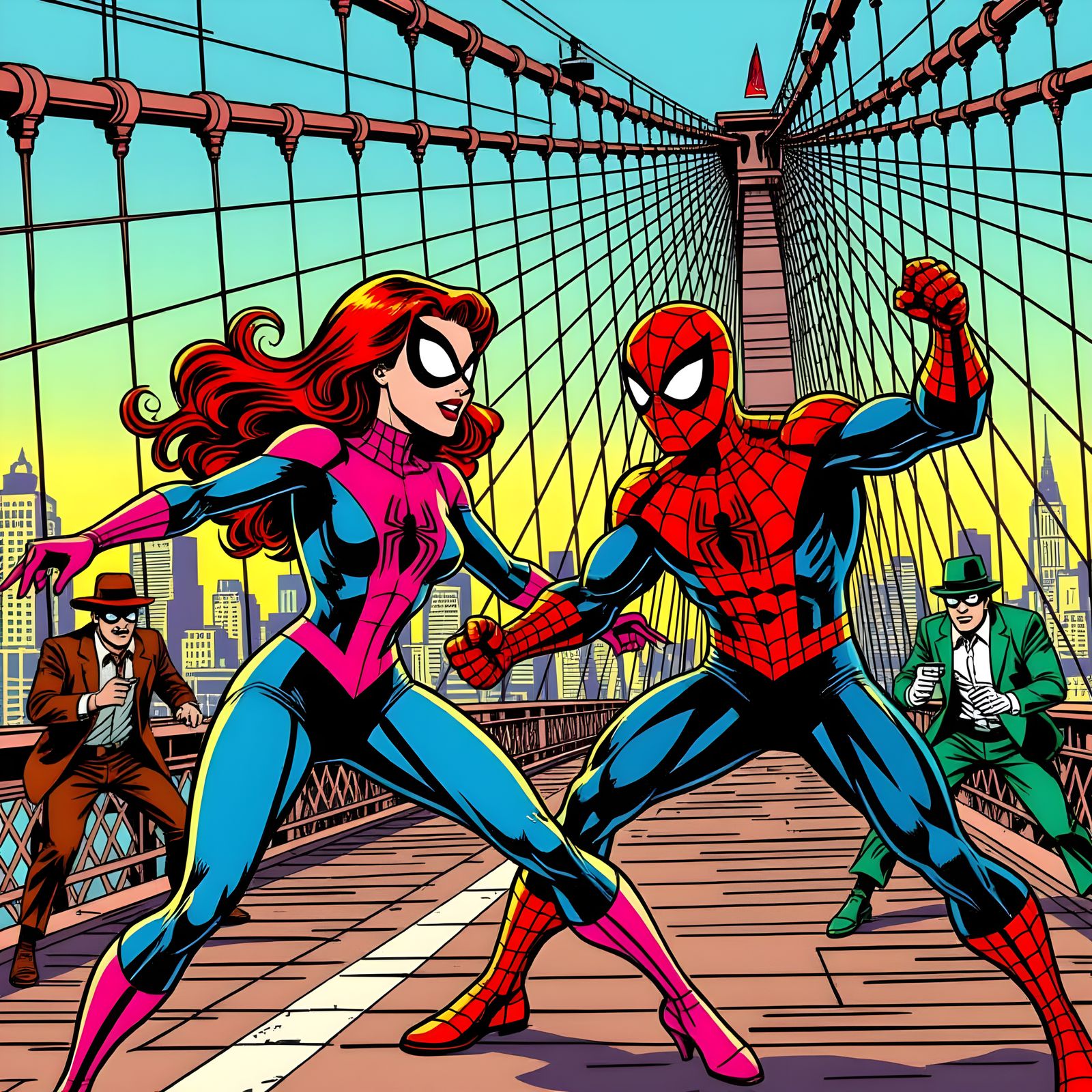 Spider-Woman and Spider-Man Fight Crime on Brooklyn Bridge
