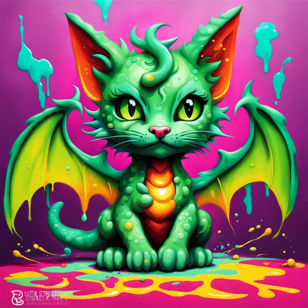Cute Half-Cat, Half-Dragon Baby in Graffiti Art