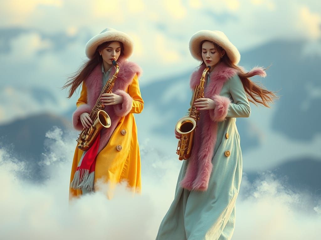 Ethereal Noble Ladies Play Saxophones in Dreamy Mountain Lan...