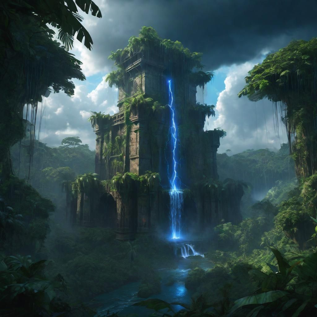 An ancient fortress in the jungle forest, surrounded by jungle, waterfalls and cloudy skies with blue lightning as seen ...