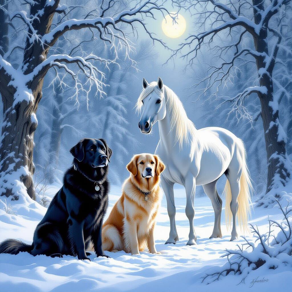 Dogs and Arabian Stallion in Moonlit Snowy Forest
