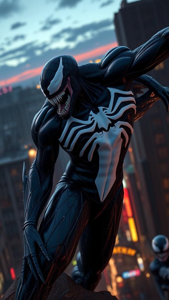 Venom Over Gritty Cityscape in Anime Style